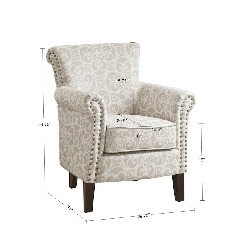 Fauteuil club capitonné avec motif de frettes et clous décoratifs argentés