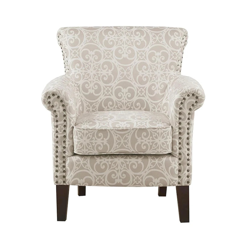 Fauteuil club capitonné avec motif de frettes et clous décoratifs argentés