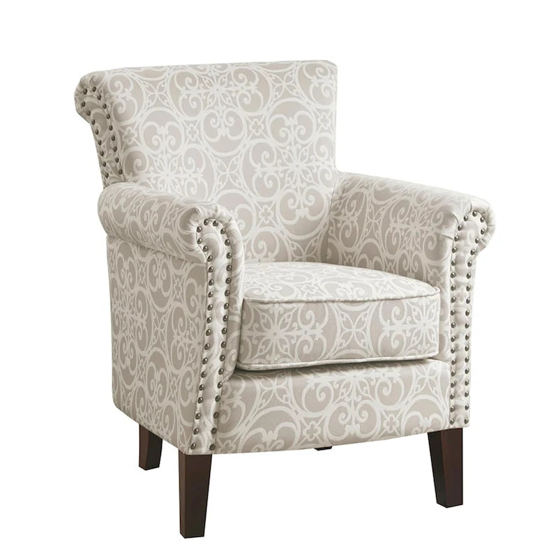 Fauteuil club capitonné avec motif de frettes et clous décoratifs argentés