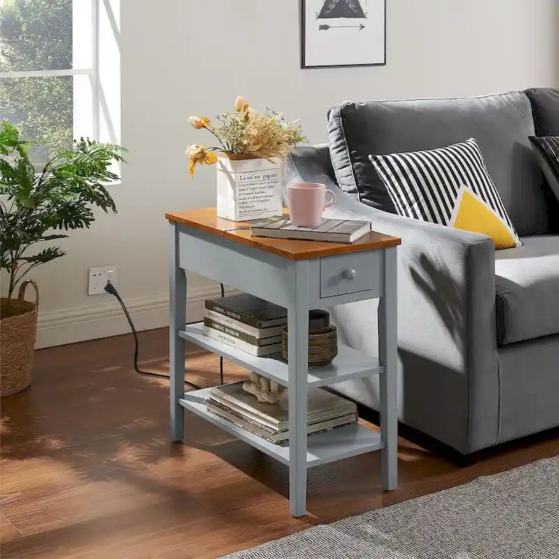 Table d'appoint étroite bicolore avec station de recharge, tiroir et étagères ouvertes