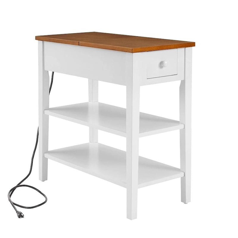 Table d'appoint étroite bicolore avec station de recharge, tiroir et étagères ouvertes