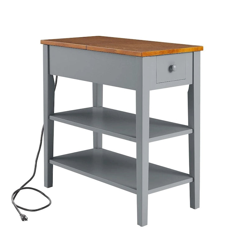 Table d'appoint étroite bicolore avec station de recharge, tiroir et étagères ouvertes