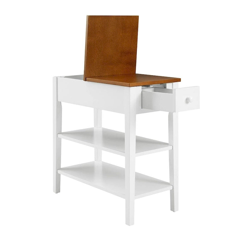 Table d'appoint étroite bicolore avec station de recharge, tiroir et étagères ouvertes