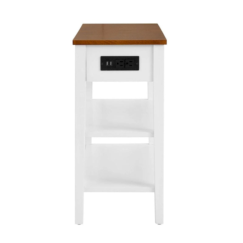 Table d'appoint étroite bicolore avec station de recharge, tiroir et étagères ouvertes