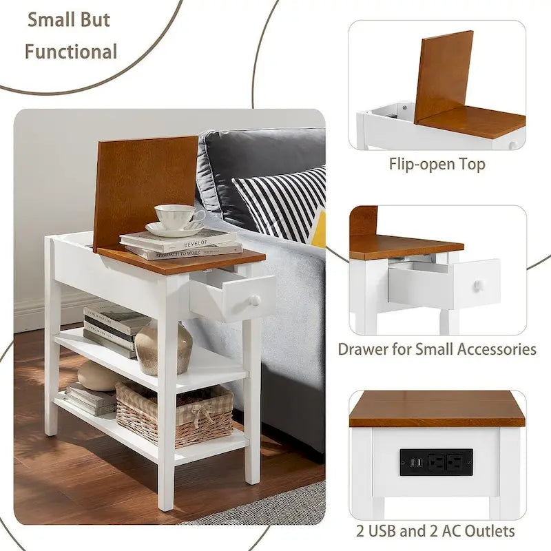 Table d'appoint étroite bicolore avec station de recharge, tiroir et étagères ouvertes