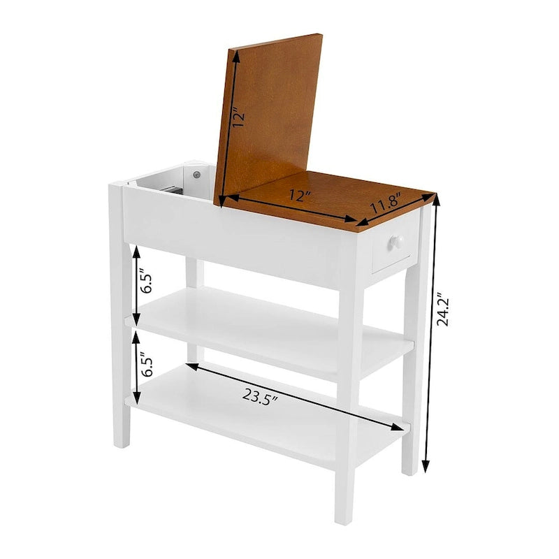 Table d'appoint étroite bicolore avec station de recharge, tiroir et étagères ouvertes