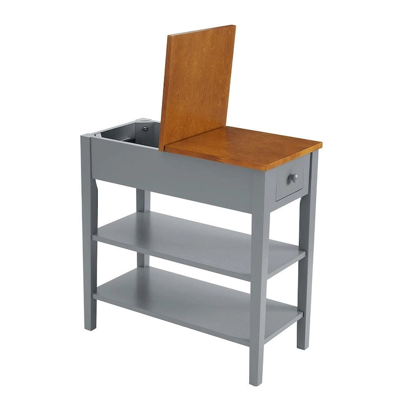 Table d'appoint étroite bicolore avec station de recharge, tiroir et étagères ouvertes