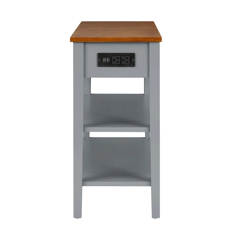 Table d'appoint étroite bicolore avec station de recharge, tiroir et étagères ouvertes
