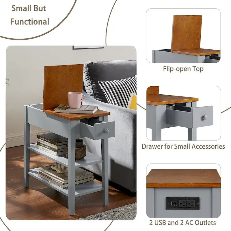 Table d'appoint étroite bicolore avec station de recharge, tiroir et étagères ouvertes
