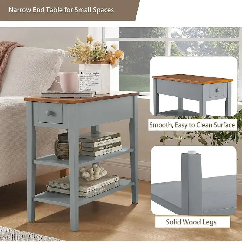 Table d'appoint étroite bicolore avec station de recharge, tiroir et étagères ouvertes