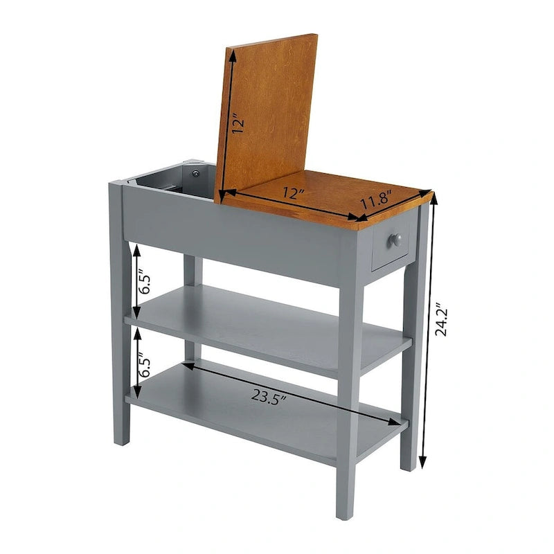 Table d'appoint étroite bicolore avec station de recharge, tiroir et étagères ouvertes