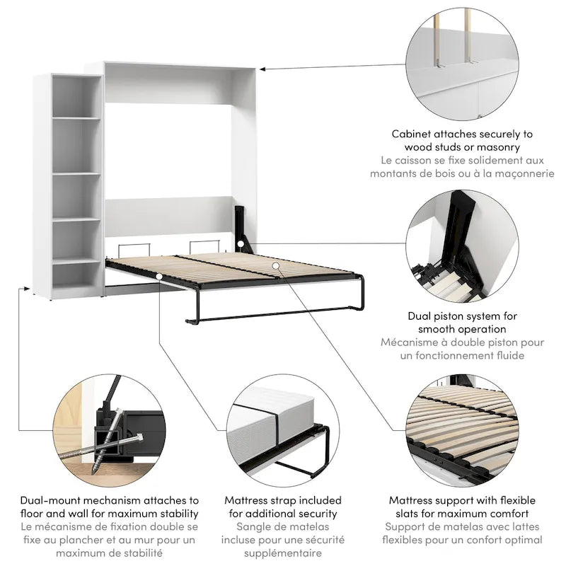 Lit escamotable Queen Size avec organisateur de penderie latérale et étagères de rangement