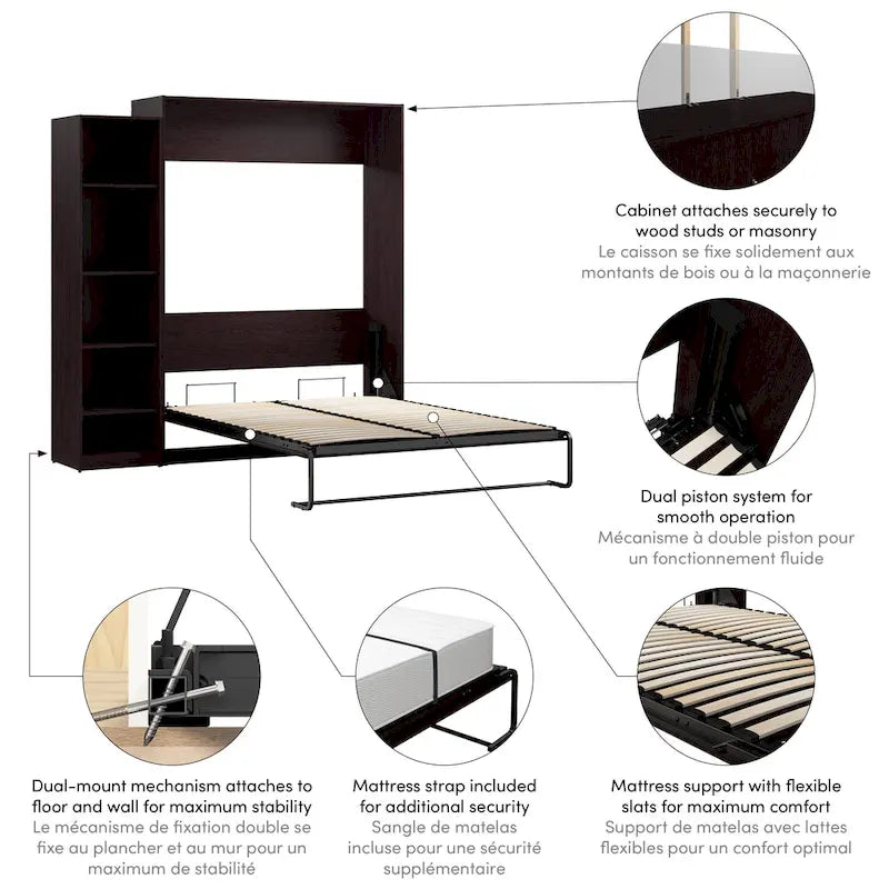 Lit escamotable Queen Size avec organisateur de penderie latérale et étagères de rangement
