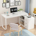 Bureau d'ordinateur blanc en L avec tiroirs de rangement et étagères