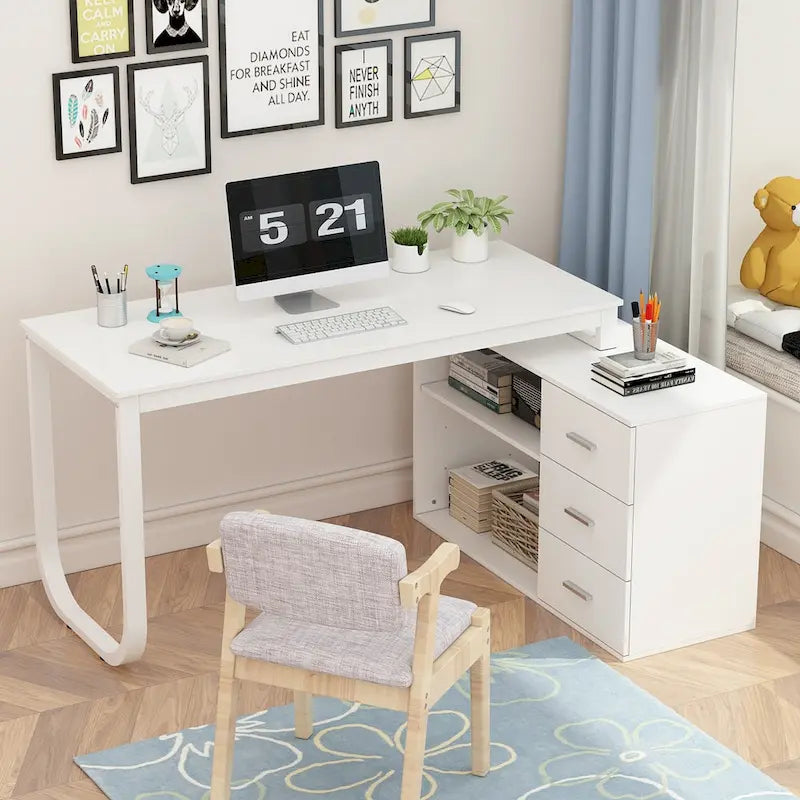 Bureau d'ordinateur blanc en L avec tiroirs de rangement et étagères
