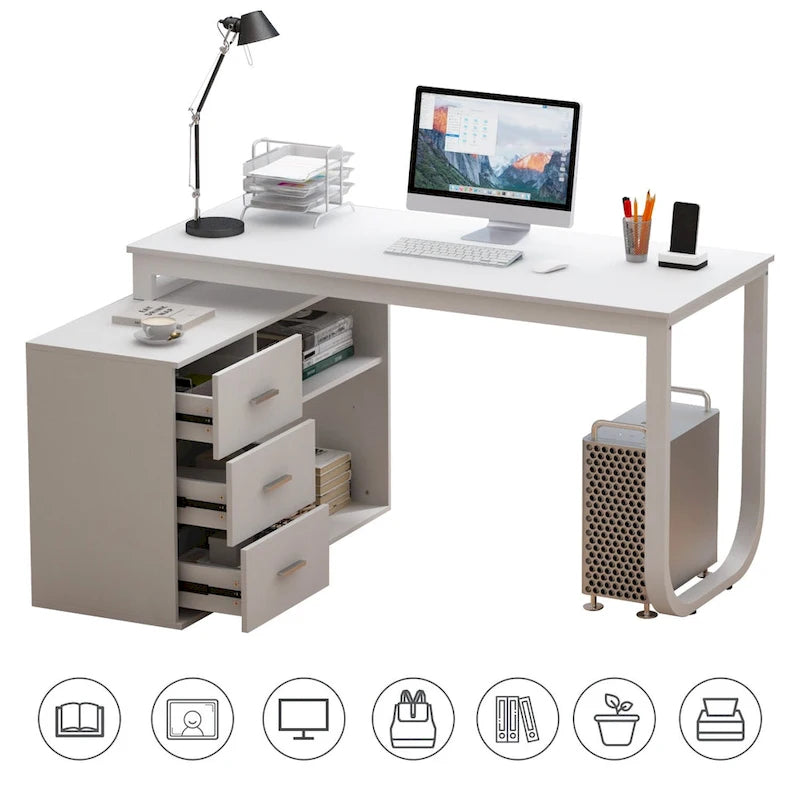 Bureau d'ordinateur blanc en L avec tiroirs de rangement et étagères