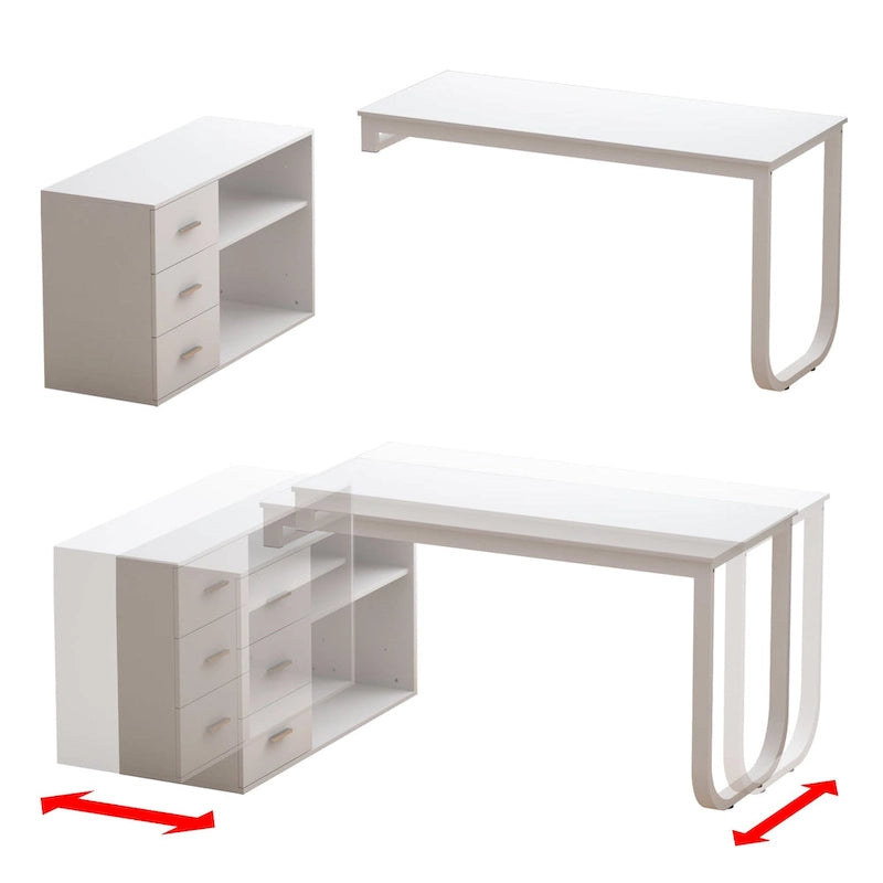 Bureau d'ordinateur blanc en L avec tiroirs de rangement et étagères