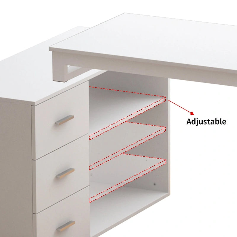 Bureau d'ordinateur blanc en L avec tiroirs de rangement et étagères