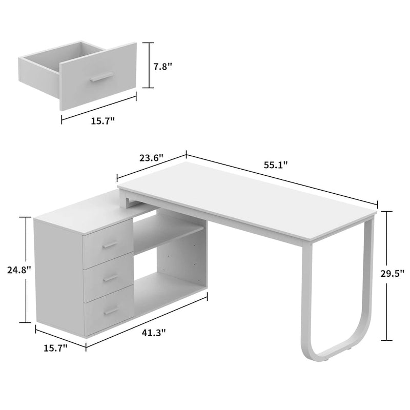 Bureau d'ordinateur blanc en L avec tiroirs de rangement et étagères
