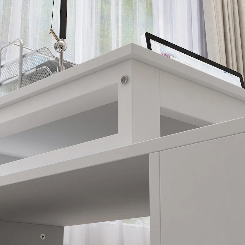 Bureau d'ordinateur blanc en L avec tiroirs de rangement et étagères