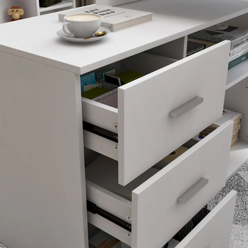 Bureau d'ordinateur blanc en L avec tiroirs de rangement et étagères