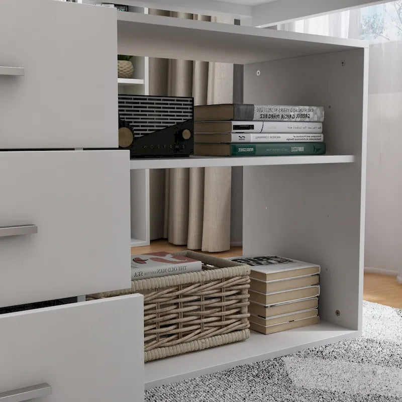 Bureau d'ordinateur blanc en L avec tiroirs de rangement et étagères