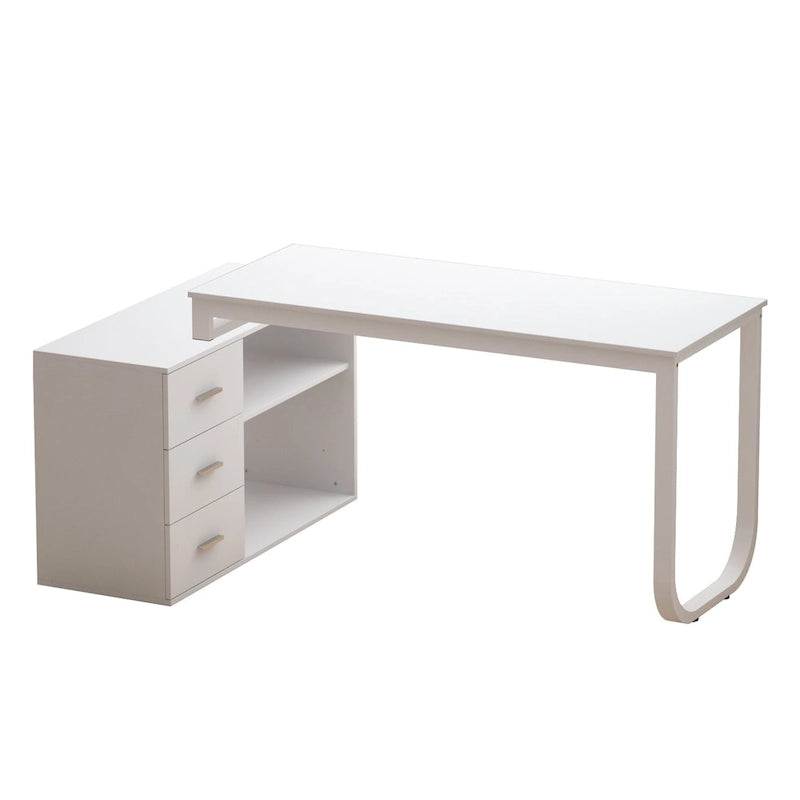 Bureau d'ordinateur blanc en L avec tiroirs de rangement et étagères