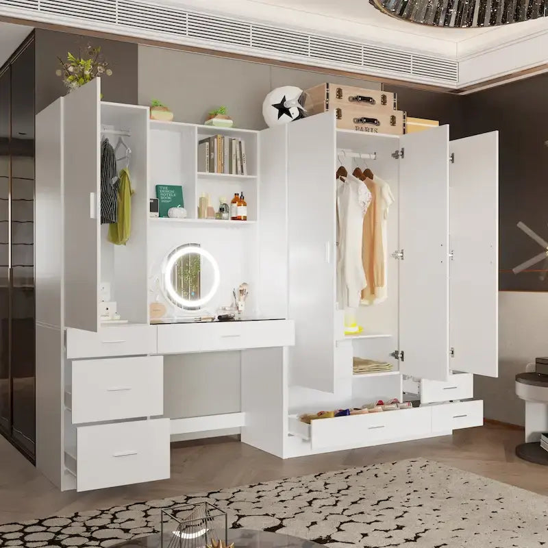 Armoire-penderie blanche avec coiffeuse, miroir LED et tiroirs