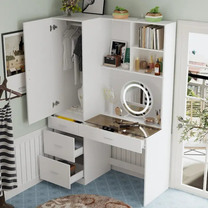 Armoire-penderie blanche avec coiffeuse, miroir LED et tiroirs