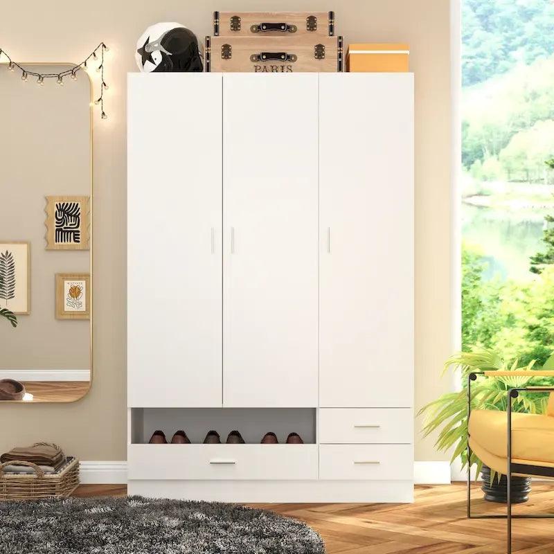 Armoire-penderie blanche avec coiffeuse, miroir LED et tiroirs