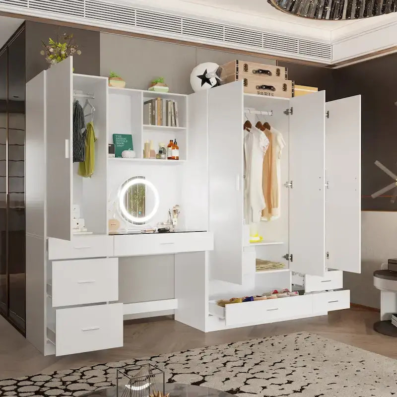 Armoire-penderie blanche avec coiffeuse, miroir LED et tiroirs