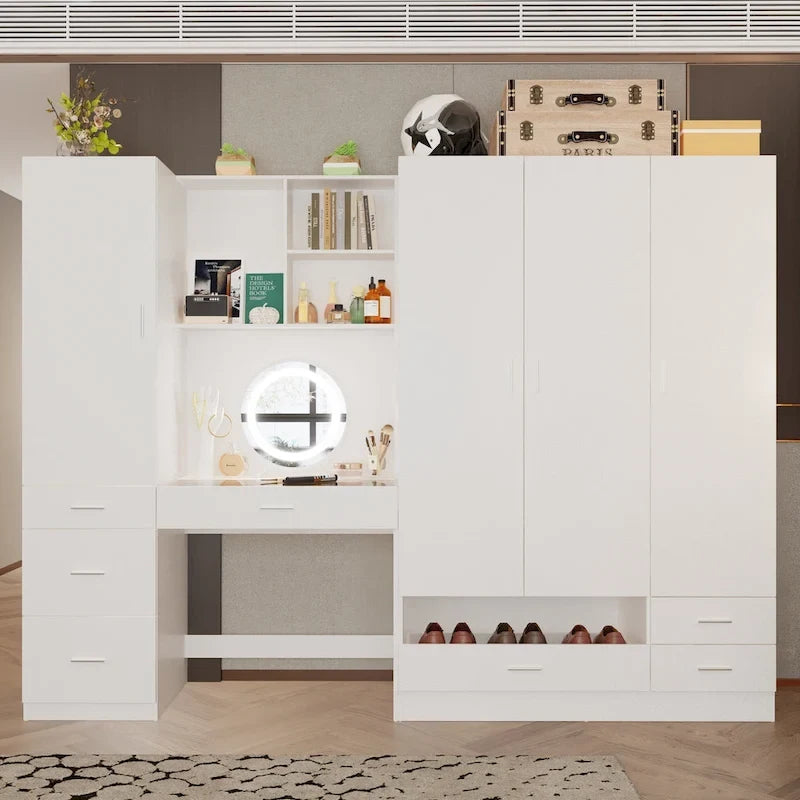 Armoire-penderie blanche avec coiffeuse, miroir LED et tiroirs