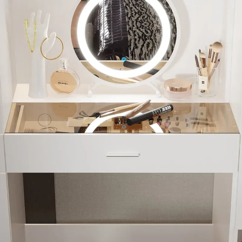 Armoire-penderie blanche avec coiffeuse, miroir LED et tiroirs