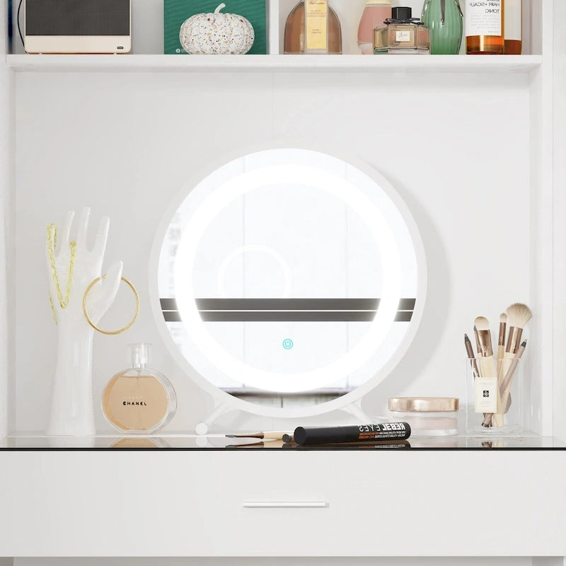 Armoire-penderie blanche avec coiffeuse, miroir LED et tiroirs