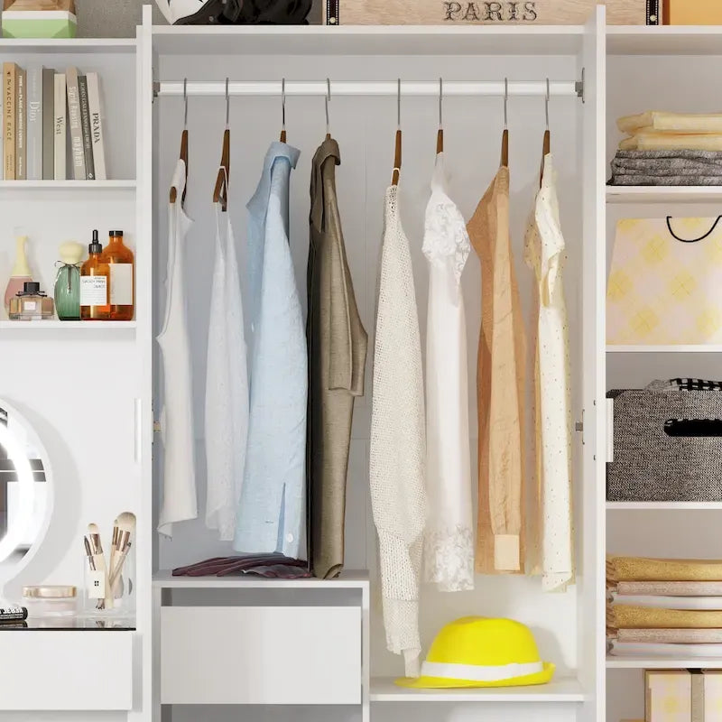 Armoire-penderie blanche avec coiffeuse, miroir LED et tiroirs