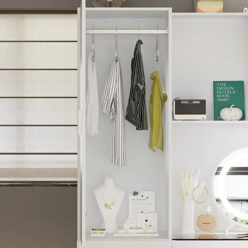 Armoire-penderie blanche avec coiffeuse, miroir LED et tiroirs