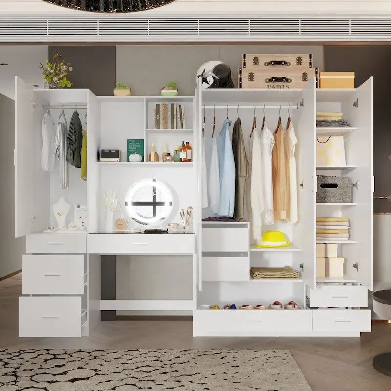 Armoire-penderie blanche avec coiffeuse, miroir LED et tiroirs