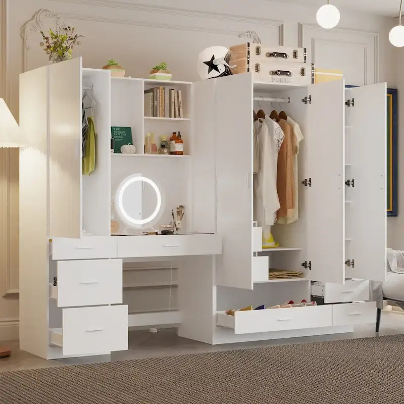 Armoire-penderie blanche avec coiffeuse, miroir LED et tiroirs