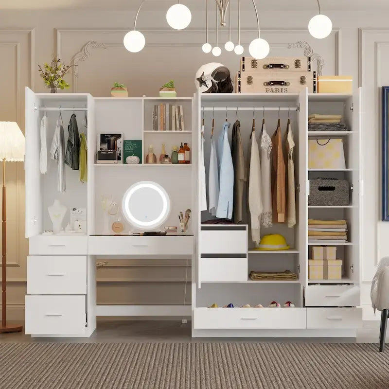 Armoire-penderie blanche avec coiffeuse, miroir LED et tiroirs