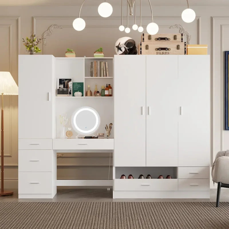 Armoire-penderie blanche avec coiffeuse, miroir LED et tiroirs