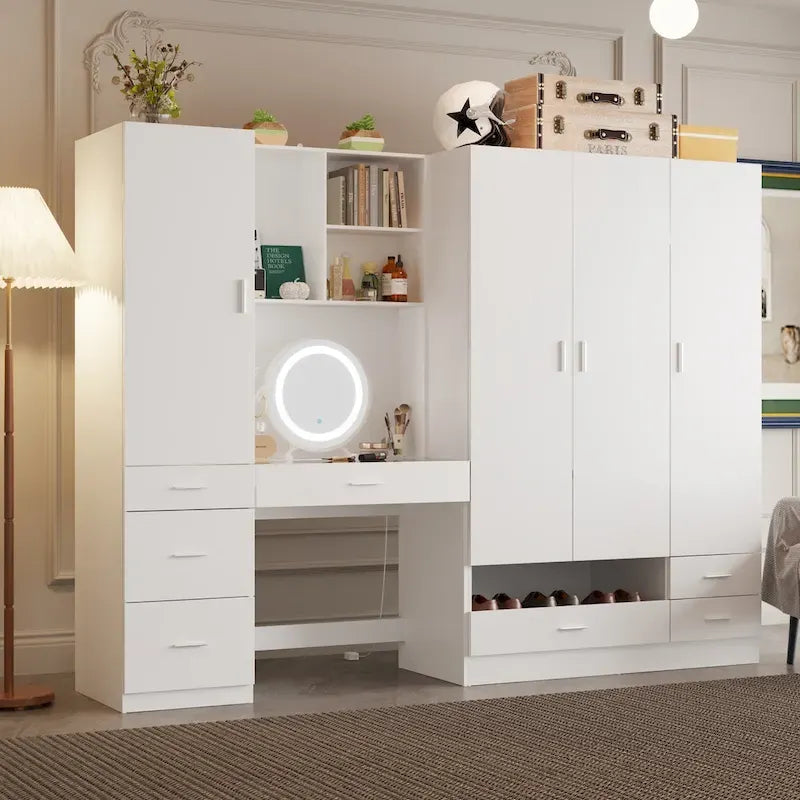 Armoire-penderie blanche avec coiffeuse, miroir LED et tiroirs