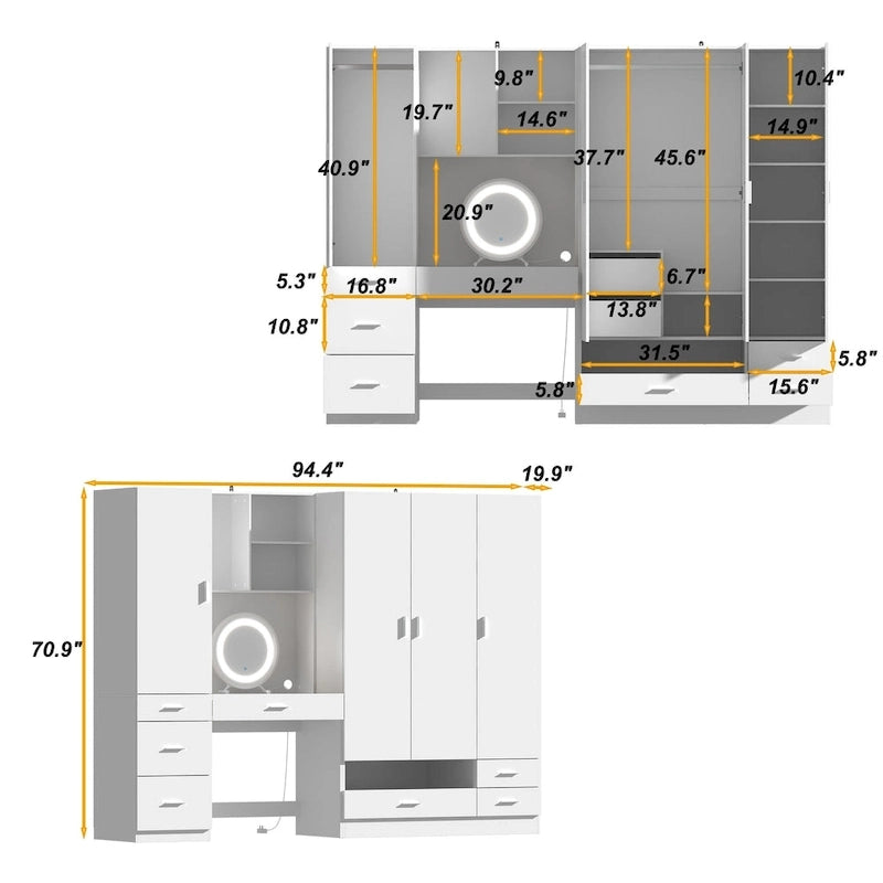Armoire-penderie blanche avec coiffeuse, miroir LED et tiroirs