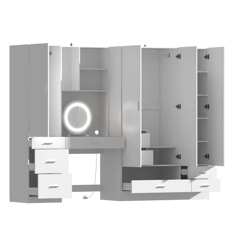 Armoire-penderie blanche avec coiffeuse, miroir LED et tiroirs