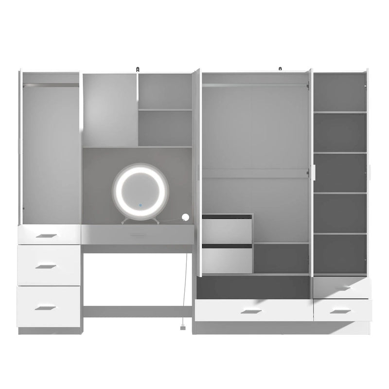 Armoire-penderie blanche avec coiffeuse, miroir LED et tiroirs