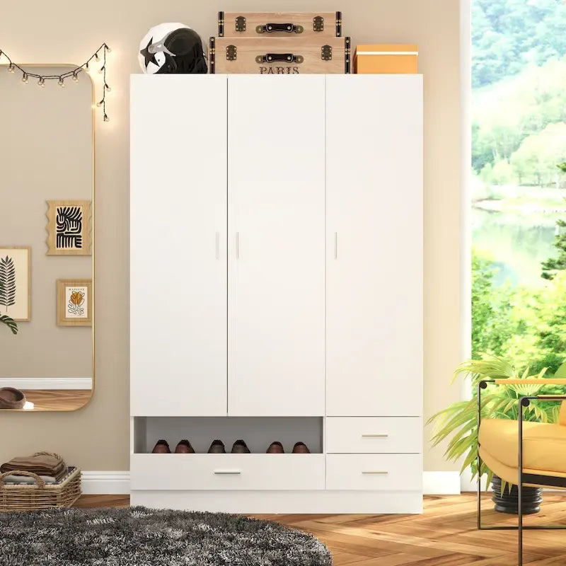 Armoire-penderie blanche avec coiffeuse, miroir LED et tiroirs