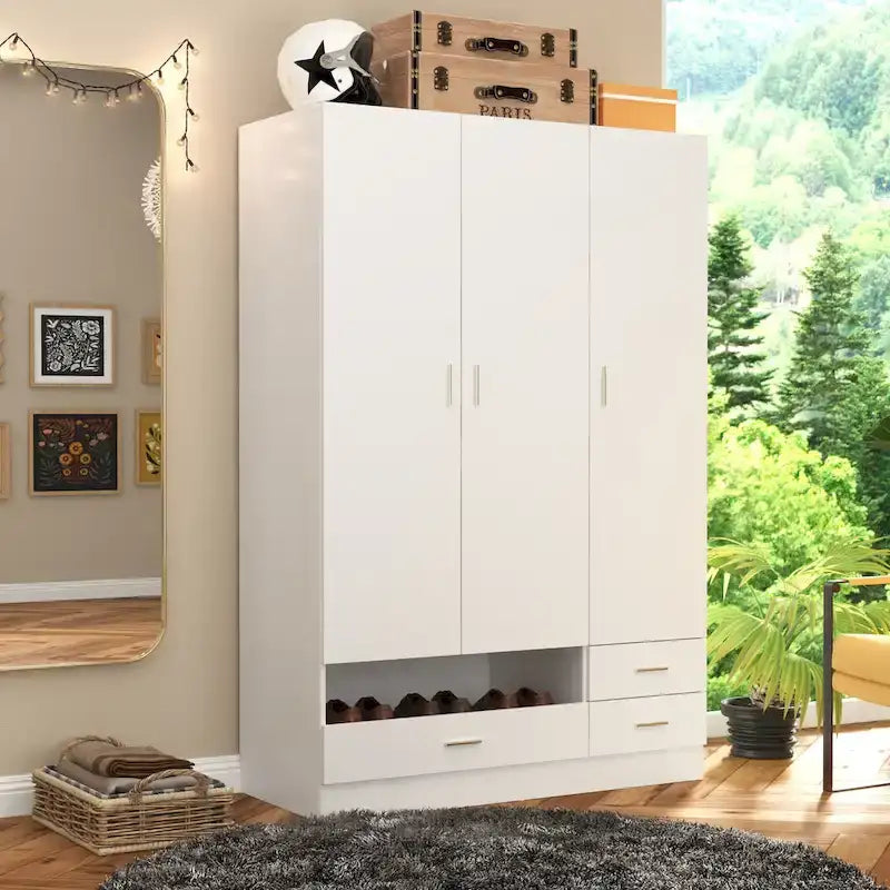 Armoire-penderie blanche avec coiffeuse, miroir LED et tiroirs