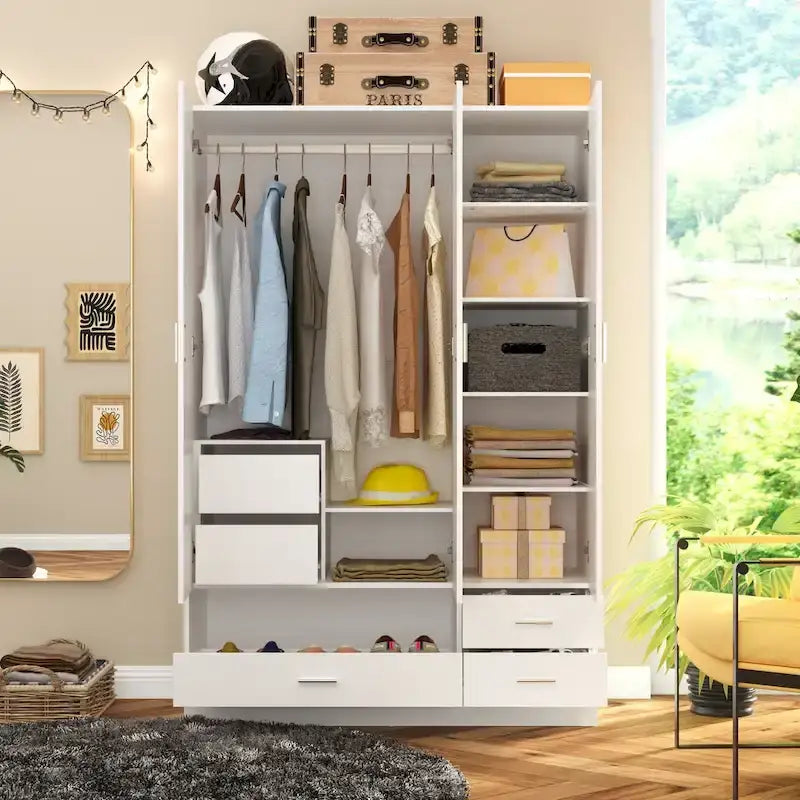 Armoire-penderie blanche avec coiffeuse, miroir LED et tiroirs