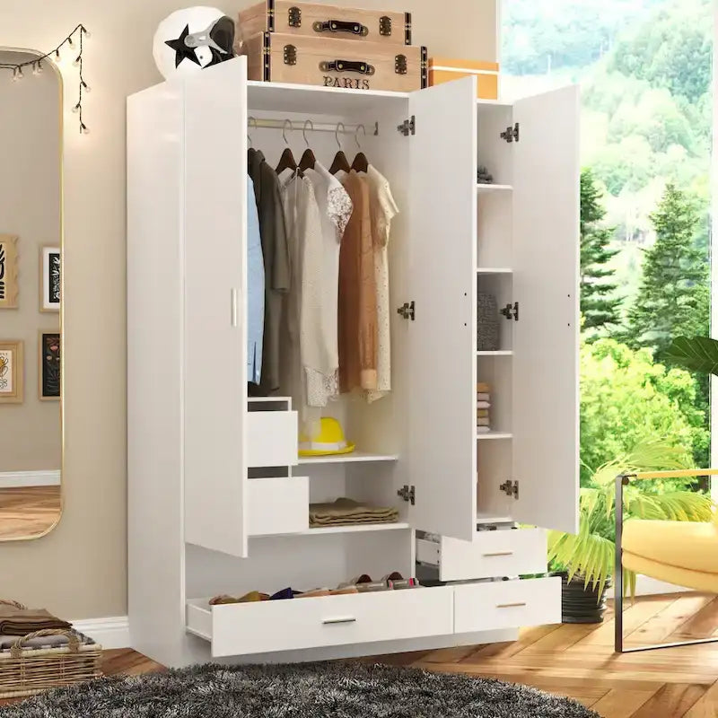Armoire-penderie blanche avec coiffeuse, miroir LED et tiroirs