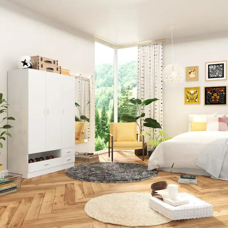 Armoire-penderie blanche avec coiffeuse, miroir LED et tiroirs