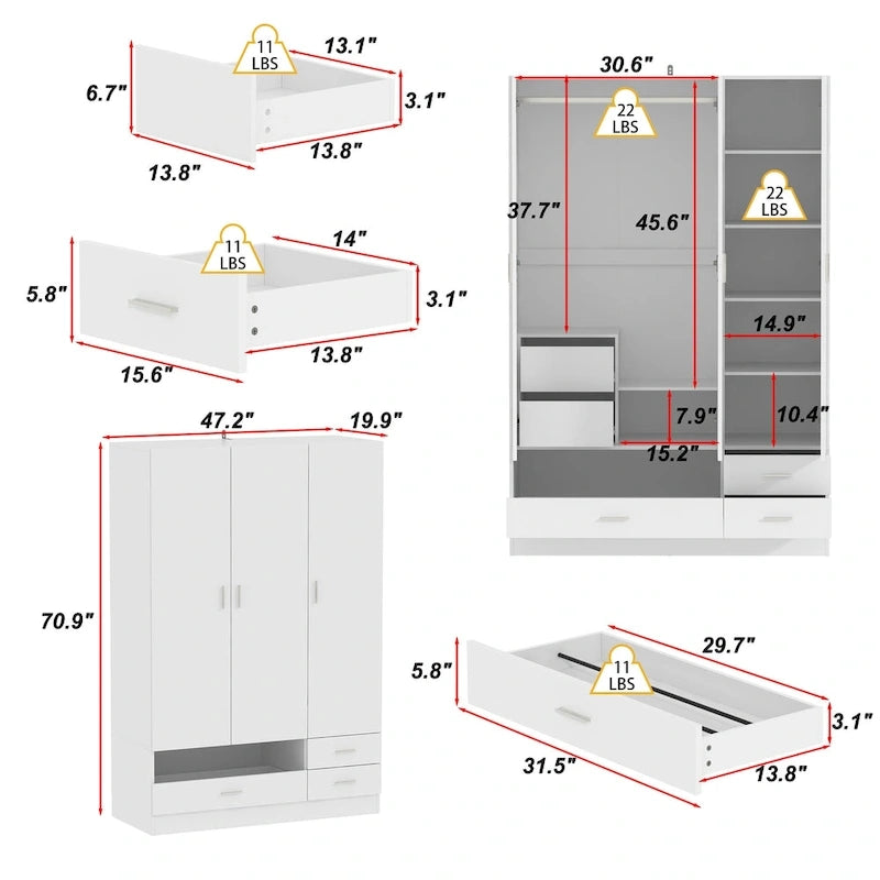 Armoire-penderie blanche avec coiffeuse, miroir LED et tiroirs